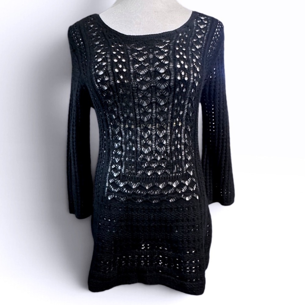 Andrea Jovine Crochet Tunic Sweater Womens M Open Knit Boho Black 3/4 Sleeve